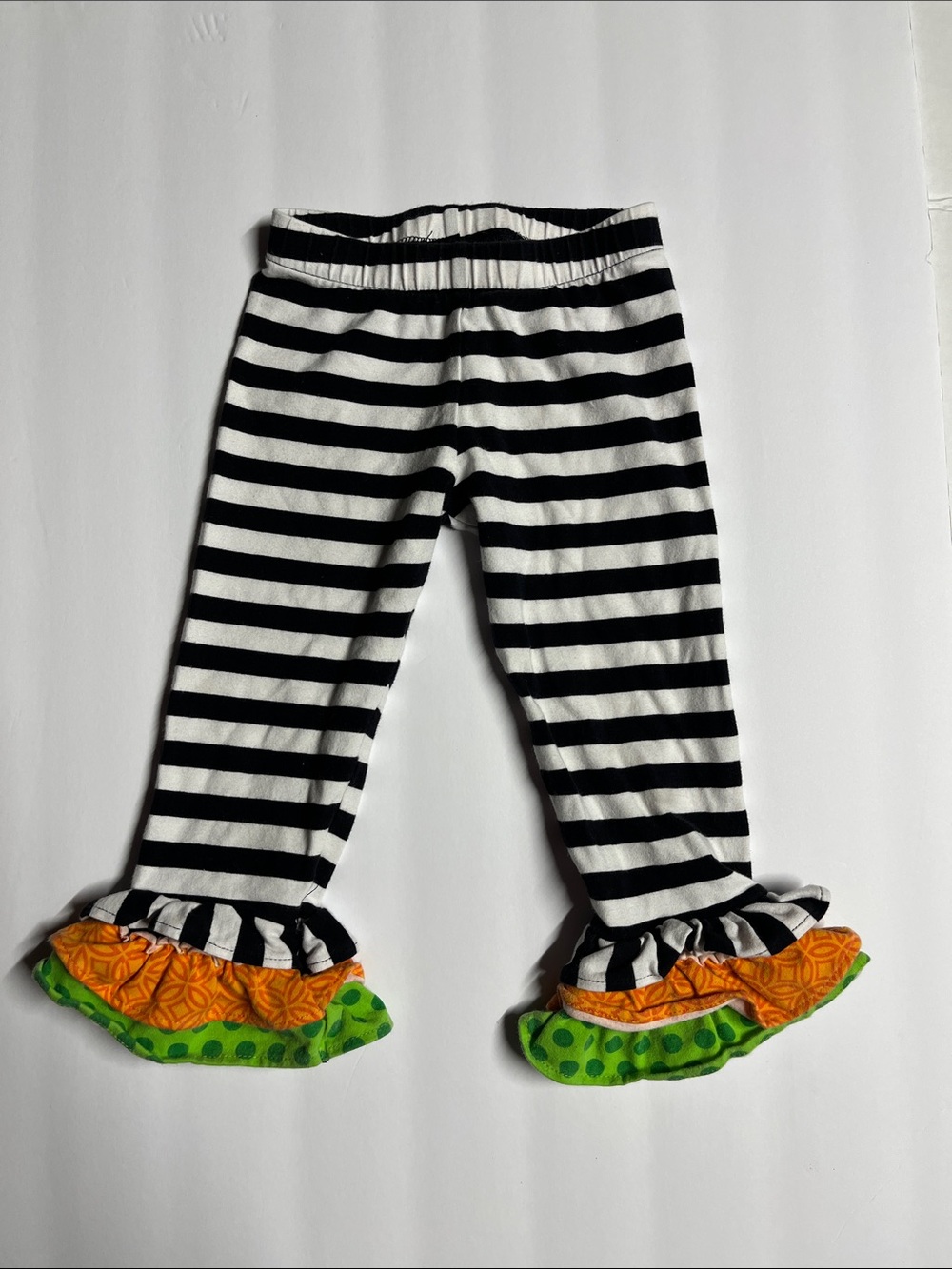 Black & White Striped Ruffle Leggings with Orange & Green Trim
